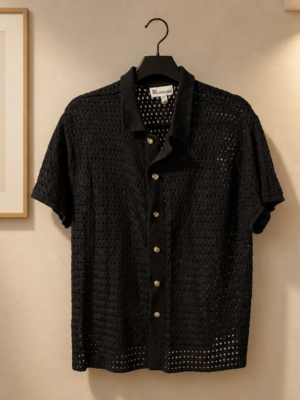 No Boundaries Black Open-Knit Button-Down Polo Shirt - Men